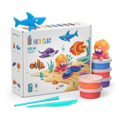 Hey Clay 15 Cans Set - Colourful Modelling Kids Air-Dry Clay 15 Cans with Sculpting Tools and Fun Interactive Instructions for Children Age 3+ (Ocean) - color: Ocean