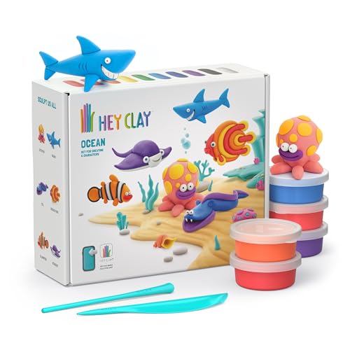 Hey Clay 15 Cans Set - Colourful Modelling Kids Air-Dry Clay 15 Cans with Sculpting Tools and Fun Interactive Instructions for Children Age 3+ (Ocean) - color: Ocean