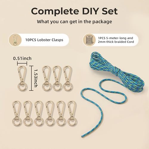 NCIWAN DIY Beadable Keychain Making Kit, 10 Pcs Gold Lobster Clasps with 5 Meters 2mm Braided Rope, Cut-to-Length Lanyard Cord for Silicone Focal Beads, Boho Craft Supplies (Gold 10 pcs-01) - color: Gold 10 pcs-01