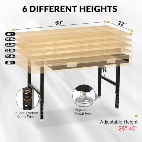 60" Workbench with Drawers, Adjustable Height Work Table, 2000 LBS Heavy-Duty, Rubber Wood, Black, Steel - size: 60"| Drawer | Pegboard | Power Outlets