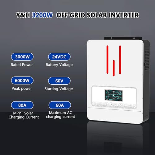 Y&H 3200W Hybrid Solar Inverter DC24V to AC230V, Supports Battery-Free Operation, with 80A MPPT Solar Charger, Pure Sine Wave Off-Grid, LiFePO4 BMS-RS485, 4ms UPS Transfer, RV & Home Zero-Bill Backup - size: 3200W-24V-M80A