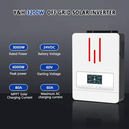 Y&H 3200W Hybrid Solar Inverter DC24V to AC230V, Supports Battery-Free Operation, with 80A MPPT Solar Charger, Pure Sine Wave Off-Grid, LiFePO4 BMS-RS485, 4ms UPS Transfer, RV & Home Zero-Bill Backup - size: 3200W-24V-M80A