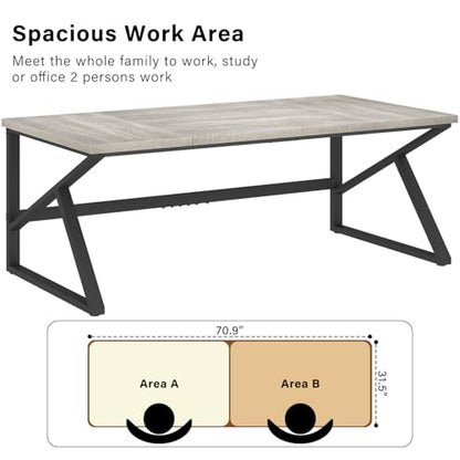 HSH 70 Inch Long Grey Desk, Large Home Office Computer Desk for 2 People - color: Light Grey Oak, size: 70 Inch