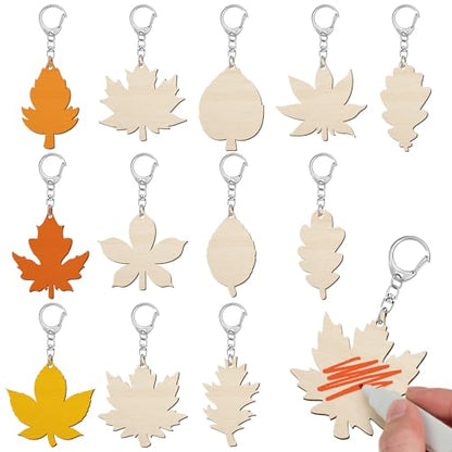Trnayi 36 Pcs Maple Leaf Wood Keychain Color Your Own DIY Craft - style: Autumn Leaves