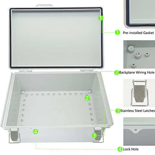 Zulkit Junction Box ABS Plastic Dustproof Waterproof IP67 Electrical Boxes Hinged Shell Outdoor Universal Project Enclosure Grey, Stainless Steel Buckles 13.8 x 9.8 x 5.9 Inch - size: 13.8"x9.8"x5.9" GC k