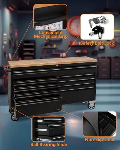 61-Inch Heavy-Duty Rolling Tool Chest with 9 Lockable Drawers, Rubber Wood Tabletop, Steel Storage Cabinet & Workbench for Garage Workshop, Includes Key Lock, Drawer Liners, Wheels in Black - size: 61 Inch
