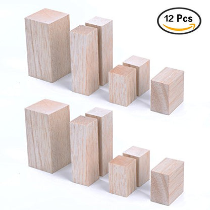 Sumind 12 Pcs Balsa Wood Blocks, 4 Sizes Carving Wooden Blocks