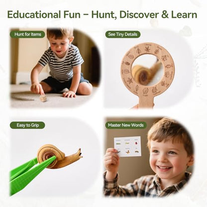 WOODEN TEETHER Kids Scavenger Hunt Play Set, 15pcs Treasure Hunt Kit with Binoculars, 10 Double-Sided Cards & Storage Box Indoor/Outdoor Exploration for Home, Backyard, Park