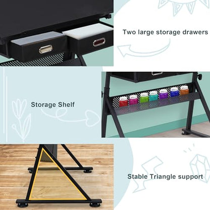 ZENY Adjustable Drafting Table with Stool Tilting Drawing Desk Artist Table - color: Black
