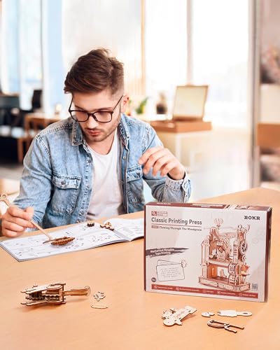 ROKR 3D Puzzle for Adults, Wooden Puzzles Classic Printing Press Model Building Kits, DIY Wood Crafts Cool Toys for Birthday, STEM Hobbies for Women Men (LK602)