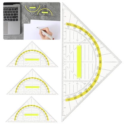 4 Pcs Multifunctional Triangle Ruler with Handle, Plastic Triangle Ruler Protractor Geometry Set Transparent Set Square Drafting Ruler for Architectors Designers Engineers Drawing Tools