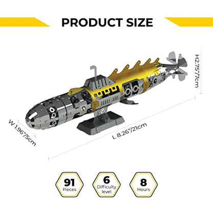 METAL-TIME Elusive Nautilus Submarine 3D Metal Mechanical Model Building Kit | Unique Wind-Up Moving Mechanism | Assemble Disassemble Stainless Steel Puzzle - 91 Pieces