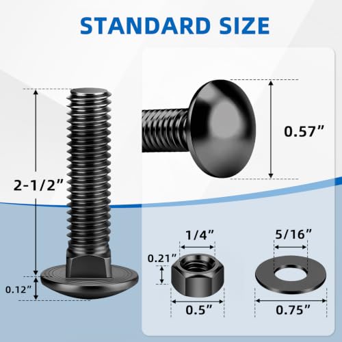 Mellewell 1/4-20 x 2-1/2" Carriage Bolt Kit, Carriage Bolts with Nuts and Washers, Round Head Square Neck, 304 Stainless Steel, Full Thread, Black Finish, 8 Sets - color: Black, size: 1/4-20 x 2-1/2"