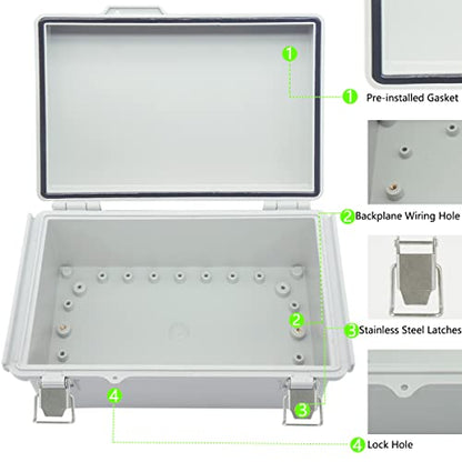 Zulkit Junction Box ABS Plastic Dustproof Waterproof IP67 Electrical Boxes Hinged Shell Outdoor Universal Project Enclosure Grey, Stainless Steel Buckles 10.2 x 6.3 x 3.9 Inch - size: 10.2"x6.3"x3.9" GC k