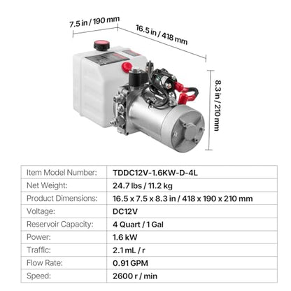VEVOR 4 Quart Hydraulic Power Unit, Single Acting Dump Trailer Pump, 3200 PSI Max Relief Pressure & 0.91 GPM Flow Rate, DC 12V Hydraulic Pump with Metal Reservoir for Dump Trailer Car Lifting - size: 4 Quart (Plastic), style: Single Acting