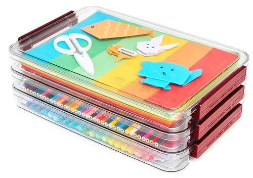 CATOOMUU 3-Pack 9x13 Shallow Flat Clear Plastic Project Case Storage Box - color: Small-Red
