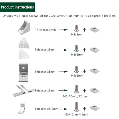 240 pcs M5 T Nut Screws Kit for 2020 2040 2080 Aluminum Extrusion, 120 pcs Silver M5x8/10/12/14mm Hexagon Socket Screws and 120 pcs M5 Drop in T-Nuts with 1 pcs Hex Wrench - style: 240pcs 20 Series Screws Kit Silver B