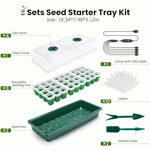 Pattiumo 2 Packs Seed Starter Tray with Grow Lights, 72 Cells Silicone Seed Starter Kits with Humidity Dome, 3 Lights for Seed Starting, 4 Timing Set, 8 Full Spectrum Germination Kit for Plant Seeds