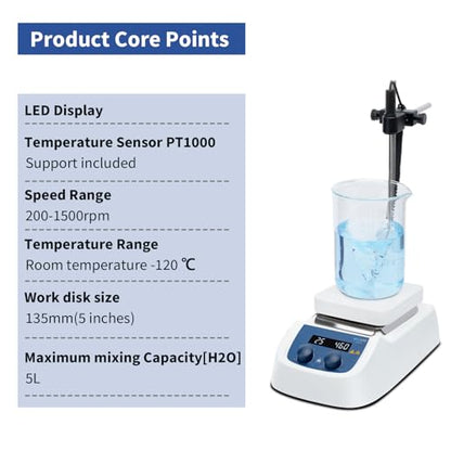 ONiLAB Magnetic Hotplate Stirrer, 5-inch, 120℃ LED Digital, 200-1500RPM, 5L - style: Square 120℃ Hotplate Magnetic Stirrer