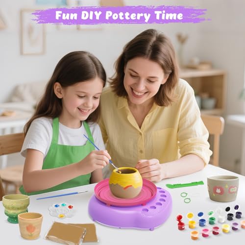 Pottery Wheel for Kids with Air Dry Clay Kit, 12 Paints & Tools, Ages 6-12 - color: pink/purple