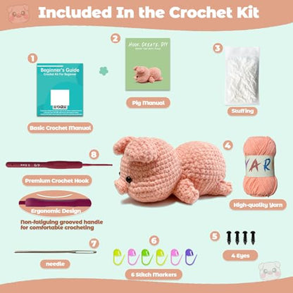 JueRum Pig Crochet Kit for Beginners Adult All-in-One Amigurumi Crochet Kit - color: Pink Pig