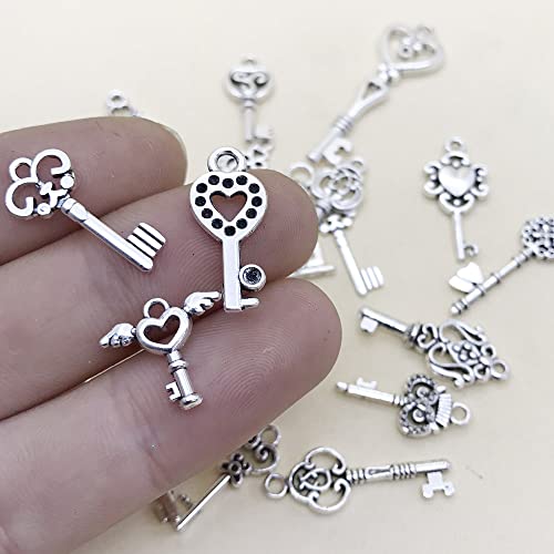 WOCRAFT 60pcs Antique Silver Small Key Charms Bracelet Charms for Jewelry Making Sets DIY Necklace Bracelet Keychain Crafting Charms Kit Craft Supplies (SN26) - color: Antique Silver, size: Small Key Charms
