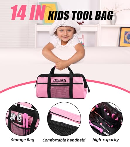 DOWELL 14 Pieces Kids Real Tools Pink Tool Set，Tool Kit with Storage Bag for Boys, Girls, Children DIY Building and Woodworking, Age 8+ - size: 14 Pcs-Pink
