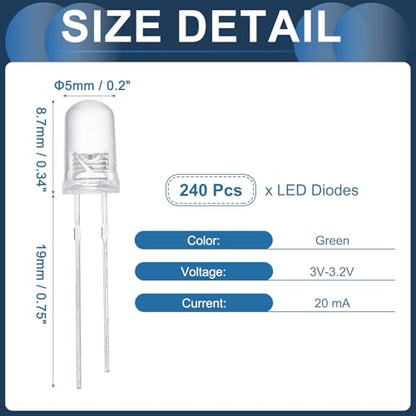 MECCANIXITY 240Pcs 5mm LED Diodes, Light Emitting Diodes, Bulb Lamp Electronic Project Kit for Science Project Circuit Board(Green Light, Transparent Lens) - color: Green Light, size: 5mm