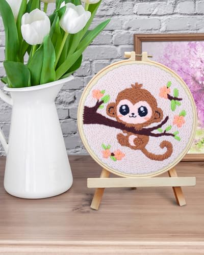 ERKOON Punch Needle Kit for Beginners Adults, DIY Easy Animals Embroidery Set for Starter Art Craft, Needling Punch Project with Patterns, Tools, Yarns, Hoop, Instruction (Monkey) - color: Monkey