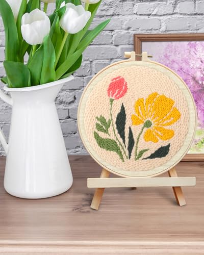 ERKOON Punch Needle Kit Adults Beginners, DIY Easy Floral Embroidery Set for Starter Art Craft, Needling Punch Project with Patterns, Tools, Yarns, Hoop, Instruction (Rhubarb Flowers) - color: Rhubarb Flowers