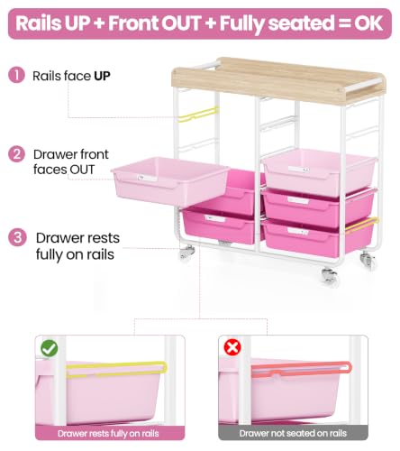 10 Drawers Rolling Cart with Wooden Tabletop, Utility Storage Cart with Wheels, Art Supply Craft Organizer on Wheel with Metal Frame & Handles for Home Office School,Pink - color: Pink