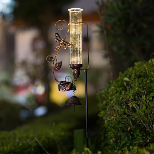 Solar Rain Gauge Outdoor, 7" Tube Dragonfly Rain Gauges - color: Dragonfly