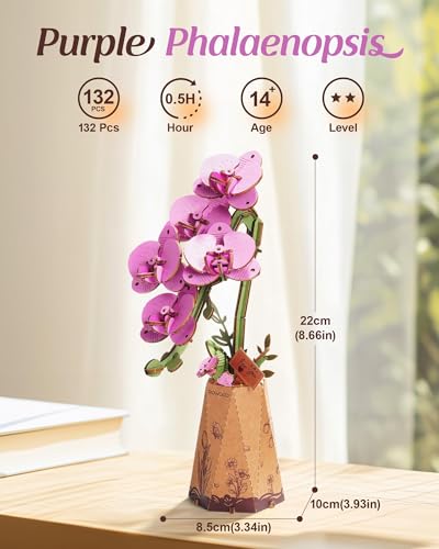 rowood 3D Wooden Puzzles for Adults,DIY Artifical Flower Botanical Collection Building Craft Kit,Mother's Day/Valentine's Day/Teacher's Day Purple Moth Orchid - style: Purple Moth Orchid