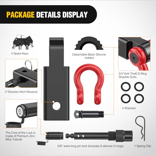 Nilight 3/4" Anti-Theft D Ring Shackle Hitch Receiver 2" Solid Towing Kit | 45000 LBs Breaking Strength 5/8" Trailer Hitch Lock Pin Heavy Duty Solid Towing Kit for Trucks Off Road Red&Black - color: Hitch w/ Lock Pin Black Red
