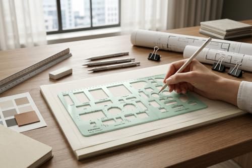 Printtoo Furniture Layout Stencil, 2mm Acrylic Reusable Interior Design Template with Bed, Sofa, Table, Kitchen & Living Room Symbols for Architecture Floor Plans, Drafting and Home Planning - color: Series-PRTD-2837A
