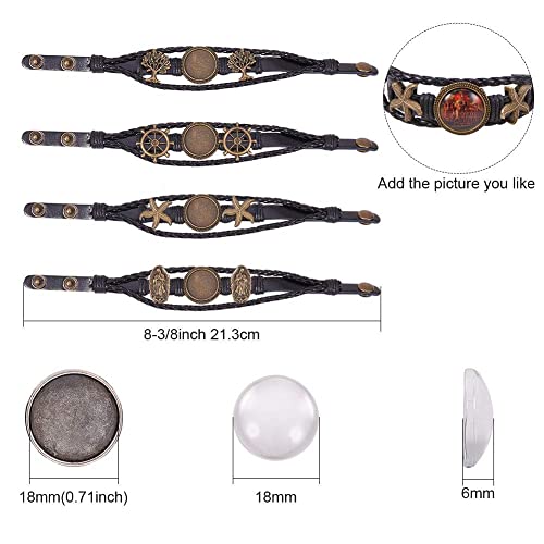 SUNNYCLUE DIY 4 Sets Braided Leather Bracelet Making Kit Multilayer Rope Bangle Cuff Wristband with Blank Alloy Cabochon Bezel Tray, Clear Glass Cabochon 18mm, Button Adjust, Mixed Shapes - color: Mixed Shapes