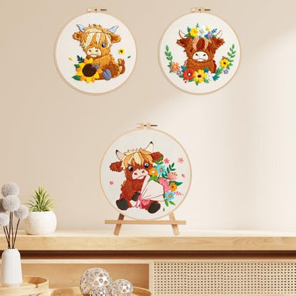Nuberlic 3 Pack Embroidery Kit for Beginners, Highland Cow Embroidery Kits - color: Highland Cow