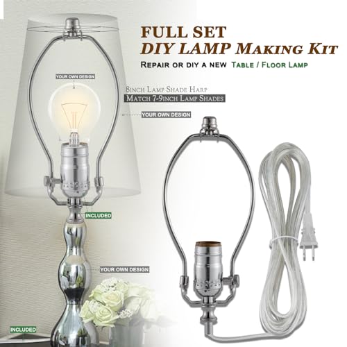 Lamp Making Kit,Make a Lamp or Repair Kit,3-Way Lamp Socket with Matching Cord Lamp Harp Set,Lamp Wiring Kit for Table Floor Lamp,Essential Hardware for DIY Lamp Design or Repair (Silver, 1) - style: Silver