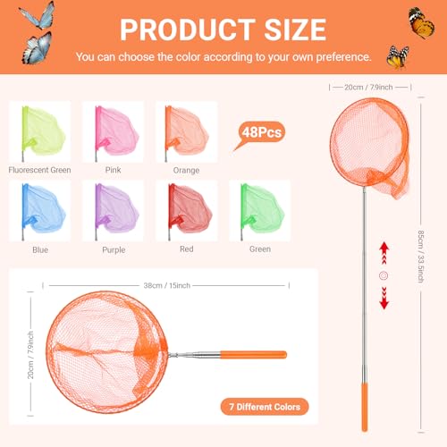 Simgoing 48 Pcs Butterfly Fishing Nets for Kids Bulk Catching Outdoor Tools for Catching Bugs Fish Nature Exploration Toys for Kids Extendable Butterfly Net Outdoor Playing, Extendable 33.5 Inches