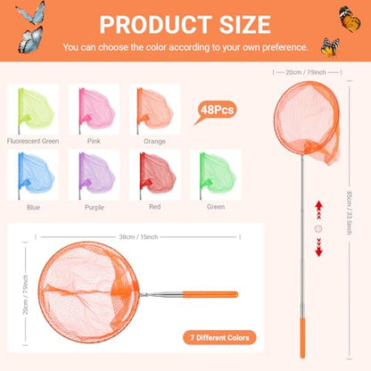 Simgoing 48 Pcs Butterfly Fishing Nets for Kids Bulk Catching Outdoor Tools for Catching Bugs Fish Nature Exploration Toys for Kids Extendable Butterfly Net Outdoor Playing, Extendable 33.5 Inches