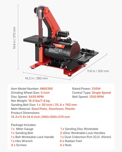 VEVOR 5" Disc Sander & 1" x 30" Belt Sander, 250W Benchtop Belt Disc Sanders Combo with 0-45° Adjustable Worktable & Dust Collection Ports for Woodworking, Furniture Refinishing, DIY Crafting - size: 5" Disc & 1" x 30" Belt Sander Combo