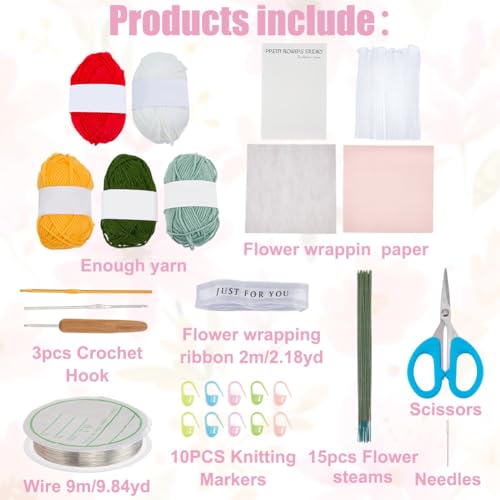 INFUNLY 15 Set Valentine's Day Crochet Flower Bouquet Kit Red Rose DIY Crochet Flower Kit for Beginners White Sunflower Artificial Knitted Bouquet with Step-by-Step Tutorial for Wedding Bridal Decor - style: Red Rose