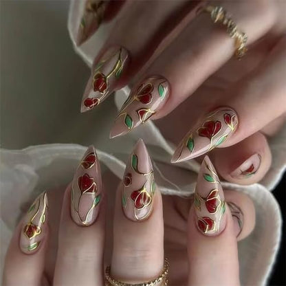 24Pcs Medium Almond Press on Nails Spring Fake Nails with Designs Full Cover Glue on Nails Flower False Nails Glossy Pink Summer Stick on Nail for Women - color: Style20