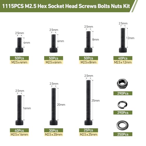 1115Pcs M2.5 Screws Assortment Kit,Hex Socket Head Cap Screws Bolts Nuts Washer Set,12.9 Grade Alloy Steel,Black Oxide M2.5 x 4/6/8/12/16/20/25mm,for 3D Printer,DIY Project - size: M2.5 1115PCS Socket Black