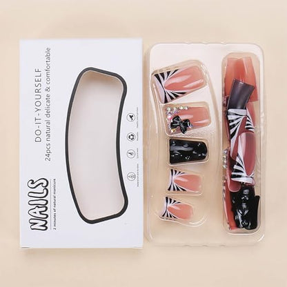 Duck Press on Nails Black Fake Nails French Tip False Nails Press on with 3D Texture and Bow Charm Design Acrylic Nails Glossy Duck Glue on Nail 24Pcs Artificial Manicure for Women - color: Style-A15