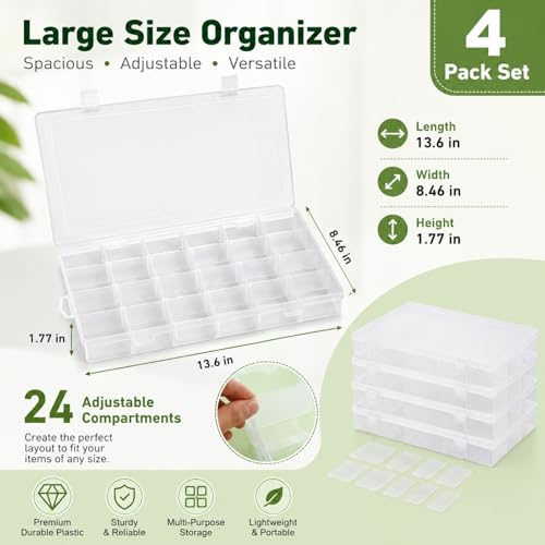APACALI 4 Pack Large Clear Organizer Box with Dividers, 24 Adjustable Compartments Tackle Box & Bead Organizer for Crafts Small Parts - color: Large size 24 Grids - 4PCS