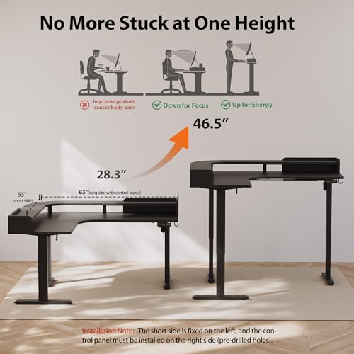 Agilestic L Shaped Standing Desk with Monitor Shelf, 63 Inch, Black - color: Black, size: 63x55 Inch with shelf