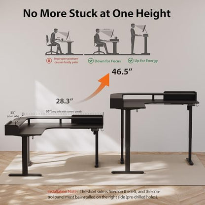 Agilestic L Shaped Standing Desk with Monitor Shelf, 63 Inch, Black - color: Black, size: 63x55 Inch with shelf