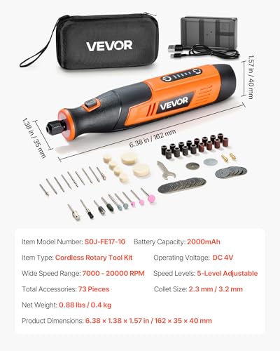 VEVOR 73-Piece Cordless Rotary Tool Kit, DC4V Portable Mini Power Rotary Tool, 5-Level Speed 7000-20000 RPM Multi-Purpose DIY Tools for Engraving, Sanding, Polishing, Carving, Cutting, DIY Crafts - style: 73PCS