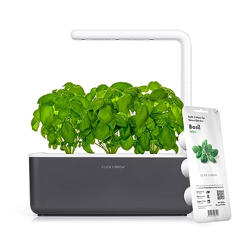 Click & Grow Indoor Herb Garden Kit with Grow Light | Smart Garden for Home Kitchen Windowsill | Easier Than Hydroponics Growing System | Vegetable Gardening Starter (3 Basil Pods Included), Grey - color: Gray
